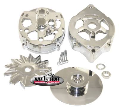 Alternator Case Kit; Fits GM 10DN And Tuff Stuff Alternator PN[7102] - Incl. Front And Rear Housings/Fan/Pulley/Nut/Lockwashers/Thru Bolts - Chrome Plated; 7500B
