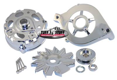 Alternator Case Kit; Fits Ford 1GEN And Tuff Stuff Alternator PN[7078] - Incl. Front And Rear Housings/Fan/Pulley/Nut/Lockwashers/Thru Bolts - Chrome Plated; 7500C