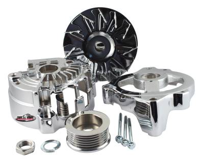 Alternator Case Kit; Fits GM CS130 w/6 Groove Pulley And Tuff Stuff Alternator PN[7866] - Incl. Front And Rear Housings/Fan/Pulley/Nut/Lockwashers/Thru Bolts - Chrome Plated; 7500G