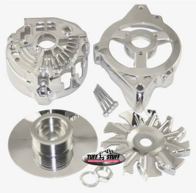 Alternator Case Kit; Fits GM CS130 w/6 Groove Pulley And Tuff Stuff Alternator PN[7935] - Incl. Front And Rear Housings/Fan/Pulley/Nut/Lockwashers/Thru Bolts - Chrome Plated; 7500H