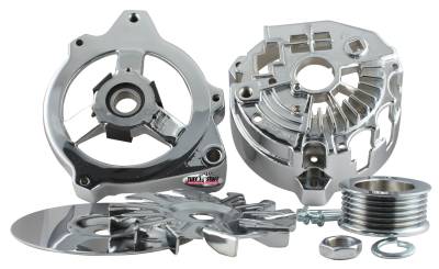 Alternator Case Kit; Fits GM CS130 w/6 Groove Pulley And Tuff Stuff Alternator PN[7860] - Incl. Front And Rear Housings/Fan/Pulley/Nut/Lockwashers/Thru Bolts - Chrome Plated; 7500I